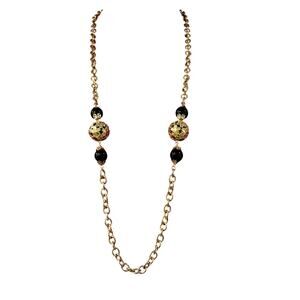 Vintage 60's fashion necklace single strand chain gold filigree & black beads